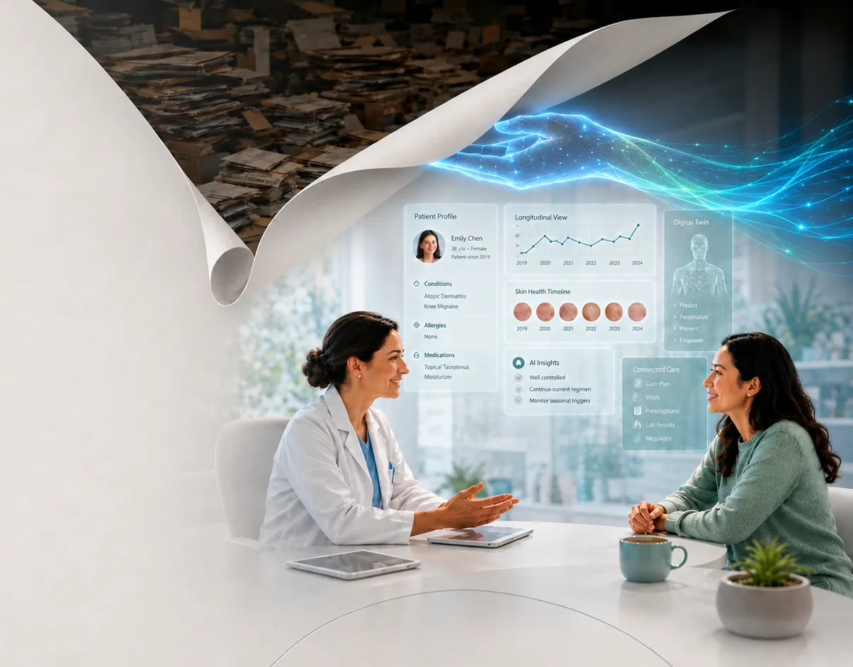 A clinician and patient in conversation as fragmented information becomes a coherent, privacy-conscious digital care system