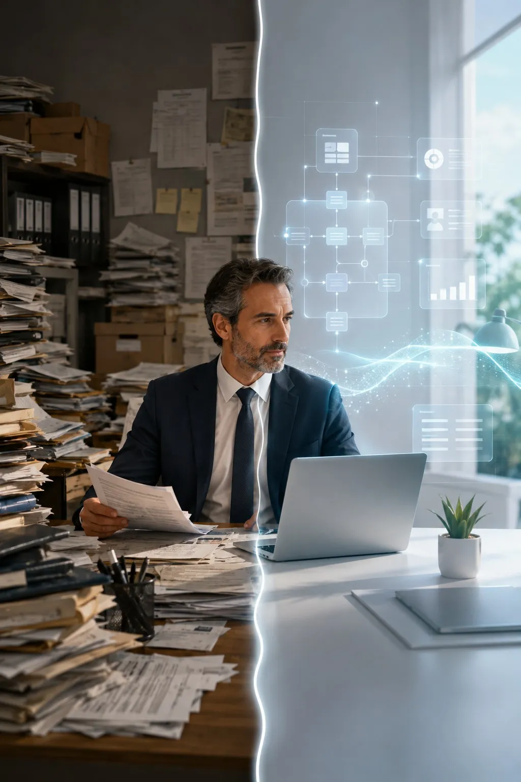 A professional moving from fragmented paper-based information to a clear, structured digital workflow