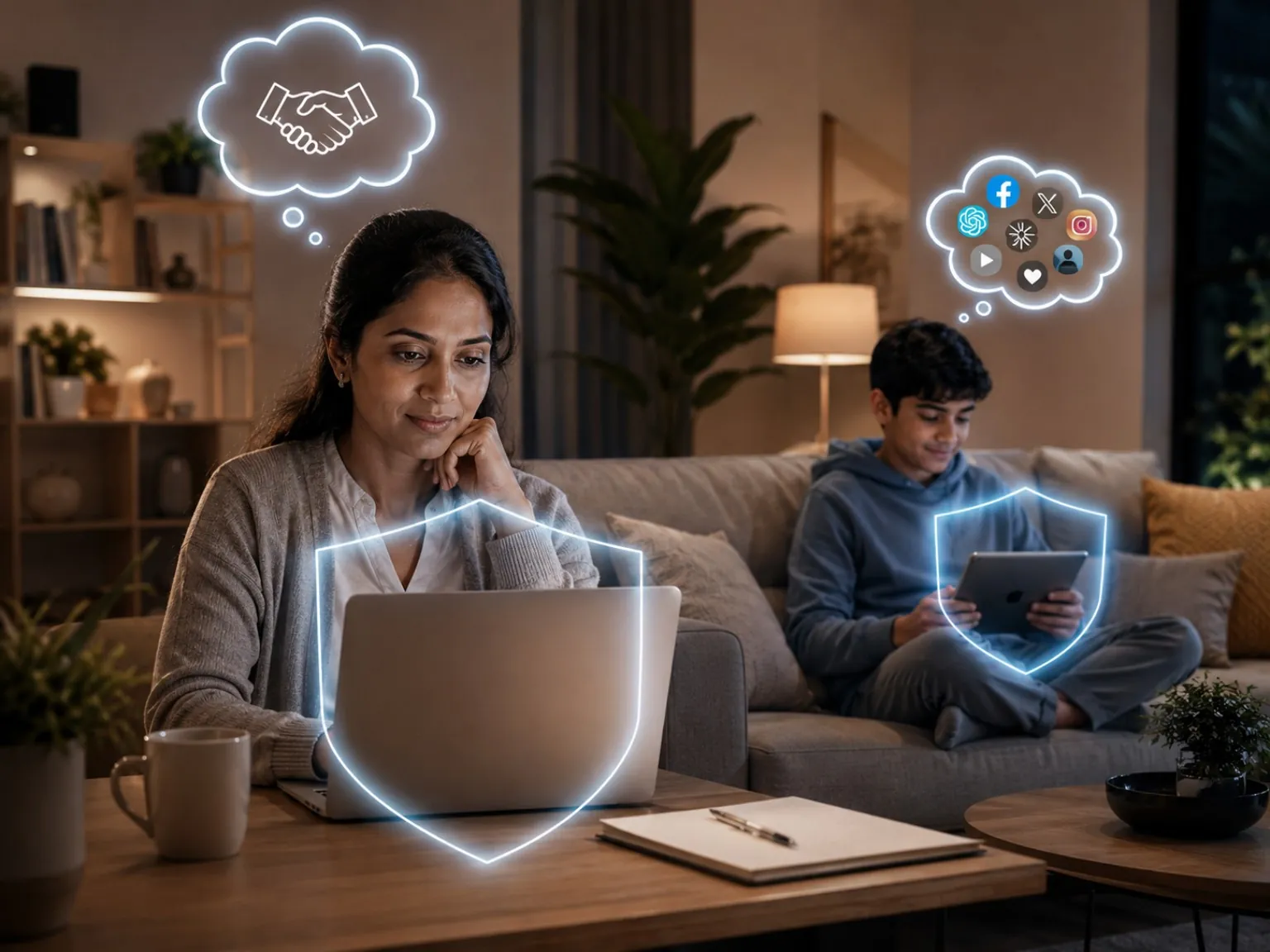 A parent and teenager using privacy-conscious digital tools for professional work and everyday online life
